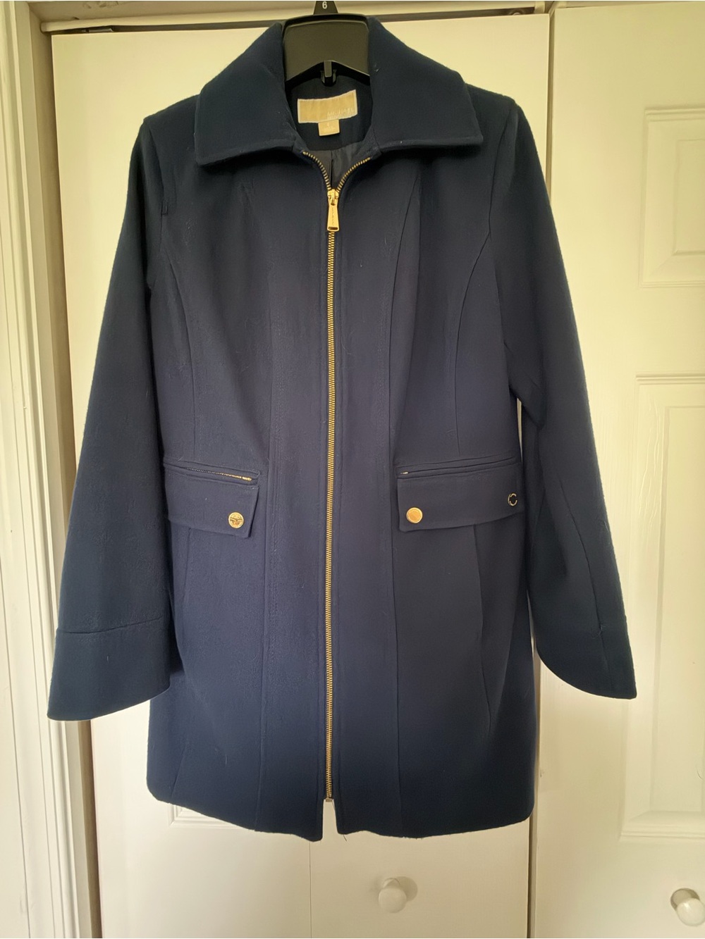 Michael Kors Navy Zip-Front Pea Coat with Gold Hardware